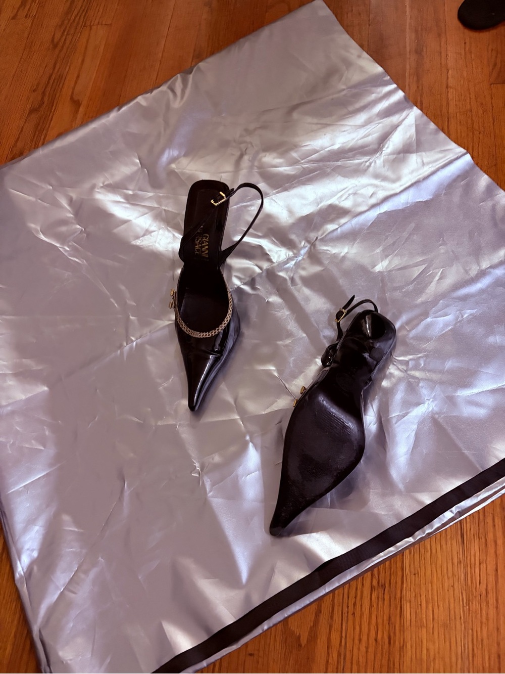 Versace Black Patent Pointed Slingback Pumps with Gold Accent - Picture 11 of 11